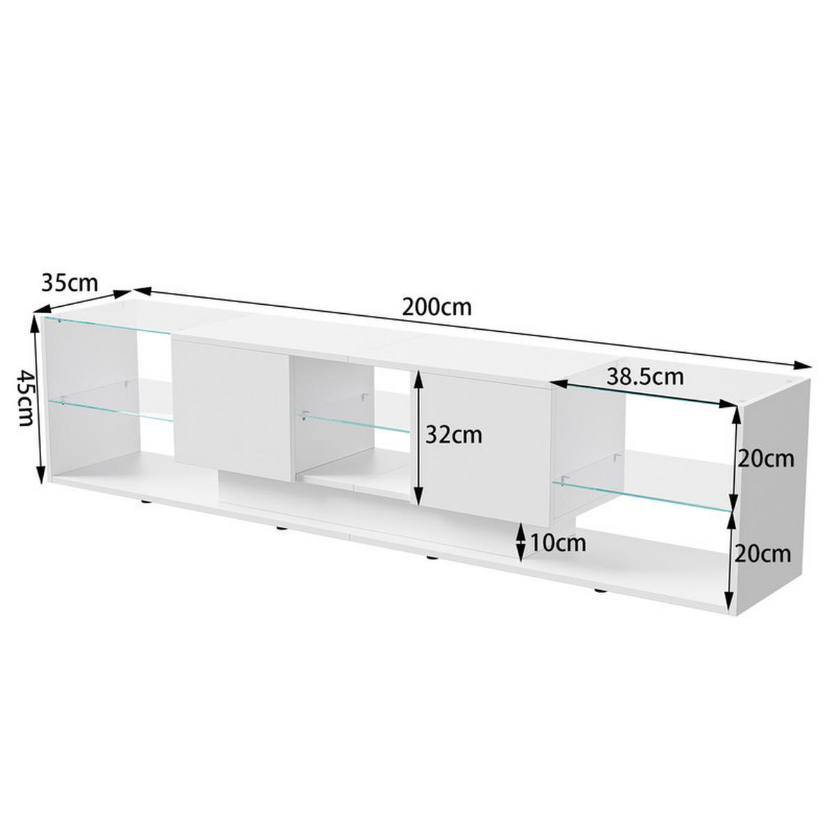 LOWBOARD, 200 x 35 x 45 cm LED Highlights mit Offenen Stauraum und 2 Schubladen, Glastrennwand, MDF - Weiß, Glas (35/45/200cm) - WoodenAura