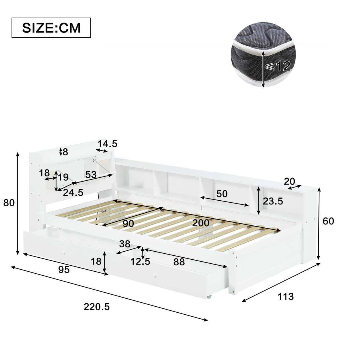 EINZELBETT 90/200 cm mit Ladebuchse, 2 Leuchten und viel Stauraum, Weiß - Weiß, Holz (90/200cm) - Redom