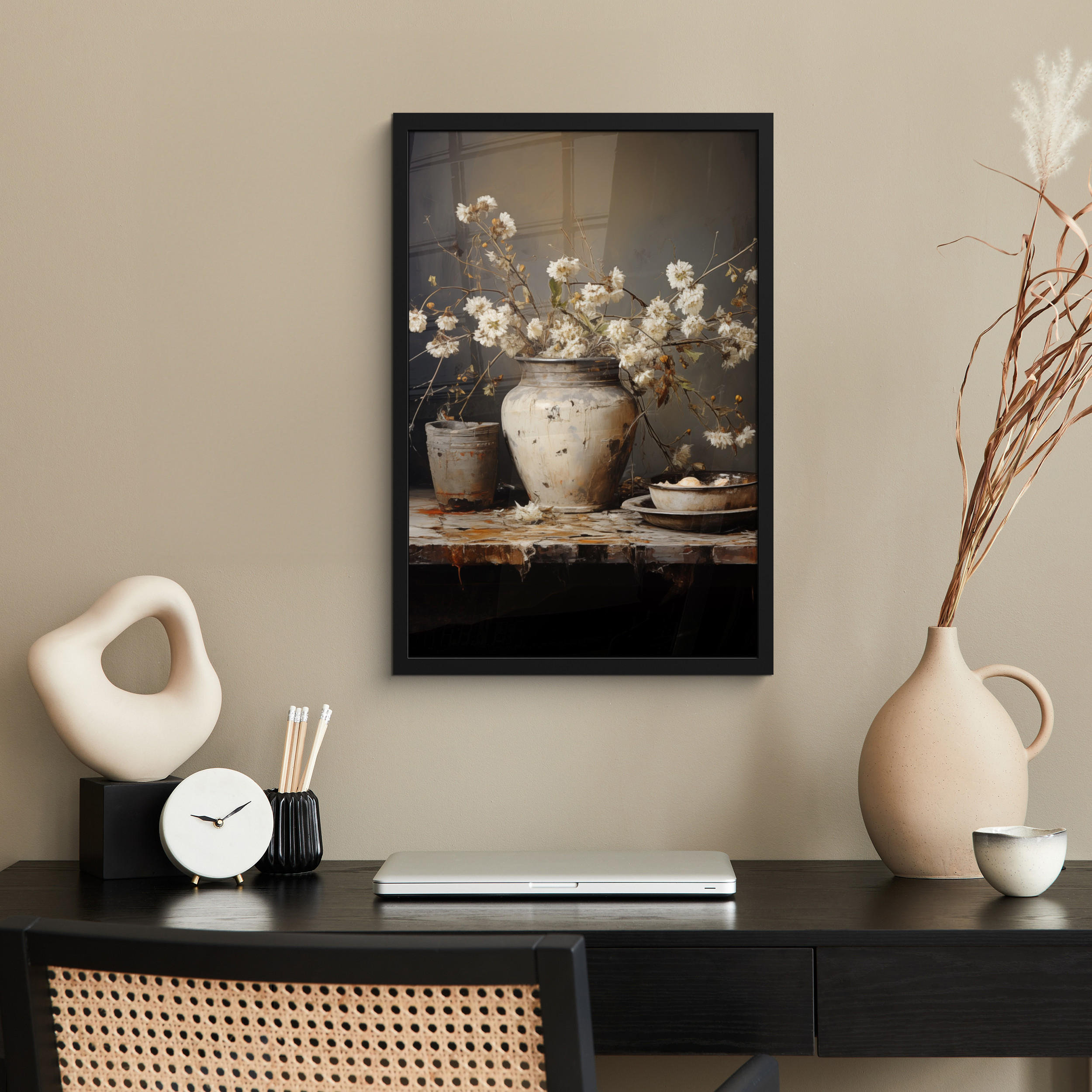 GERAHMTES BILD Stilleben - Blumen - Blumenstrauß - Vase - Wein 40x60 cm - Schwarz, Papier (40/60cm) - MuchoWow