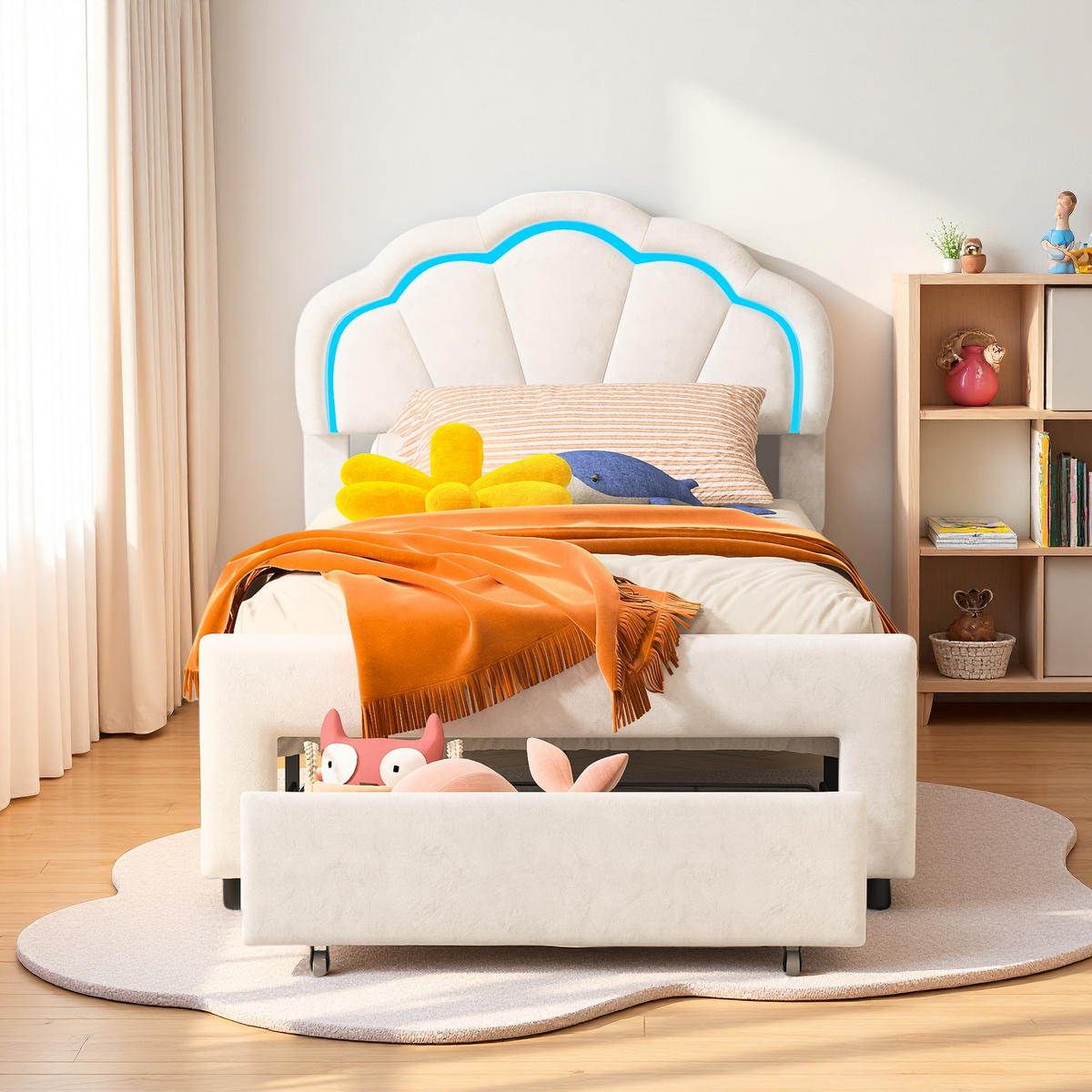KINDERBETT 90x200 cm Weiß Samt LED Schublade - Weiß, Metall (90/200cm) - SHOPENTRA