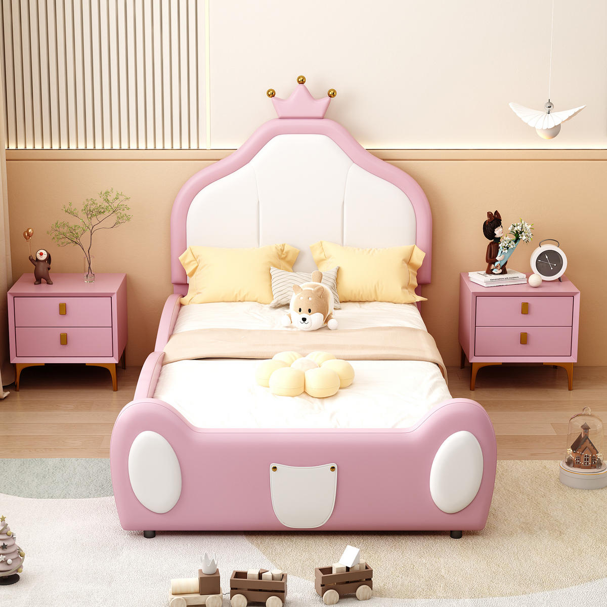 POLSTERBETT 90/200 cm Rosa mit Kronenleiste und kindlichem Design aus Kunstleder - Rosa, Textil (90/200cm) - OKWISH