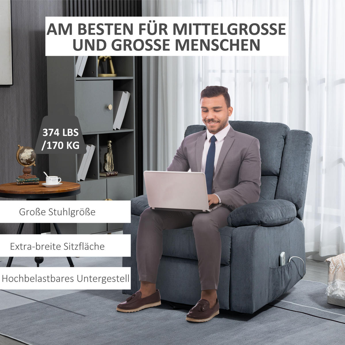 SESSEL mit Aufstehhilfe, Fernsehsessel Elektrisch, Aufstehsessel, Relaxsessel - Grau, Textil (93/105/91cm) - HOMCOM