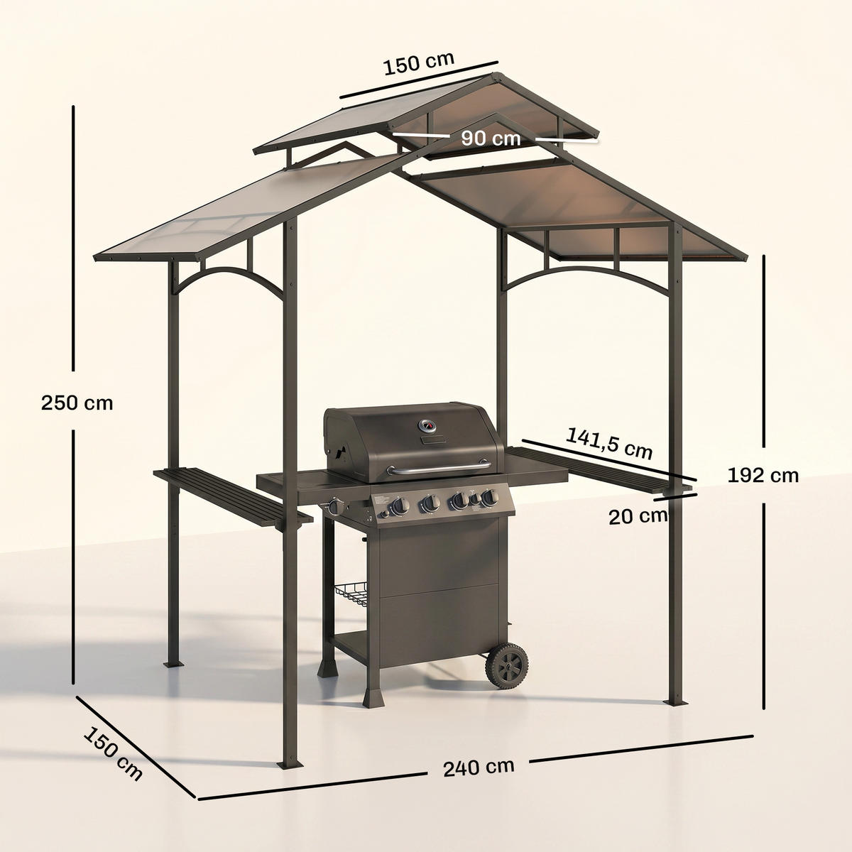 GRILOVACÍ PAVILON s protipožární střechou 2,5 x 1,5 m BBQ pavilon se 2 policemi ocel PC - černá, kov (150/250/240cm) - Outsunny