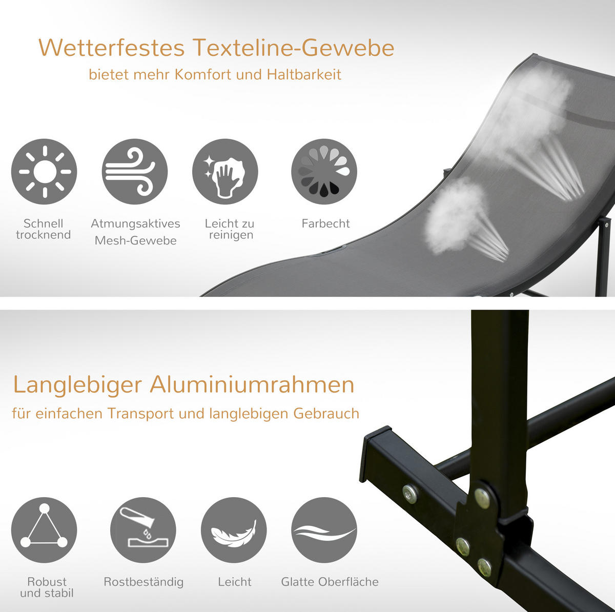 SONNENLIEGE 2er-Set aus Aluminium 165x61x63 cm in Dunkelgrau mit faltbarem Design - Dunkelgrau, Metall (61/63/165cm) - Modfu