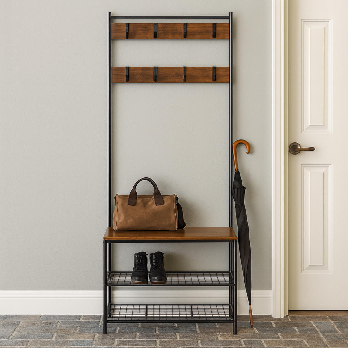 GARDEROBENBANK Holzoptik Metall Dunkelbraun Schwarz mit Schuhablage 175x70x32 cm - Dunkelbraun/Schwarz, Holzwerkstoff/Metall (32/175/70cm) - Begryf