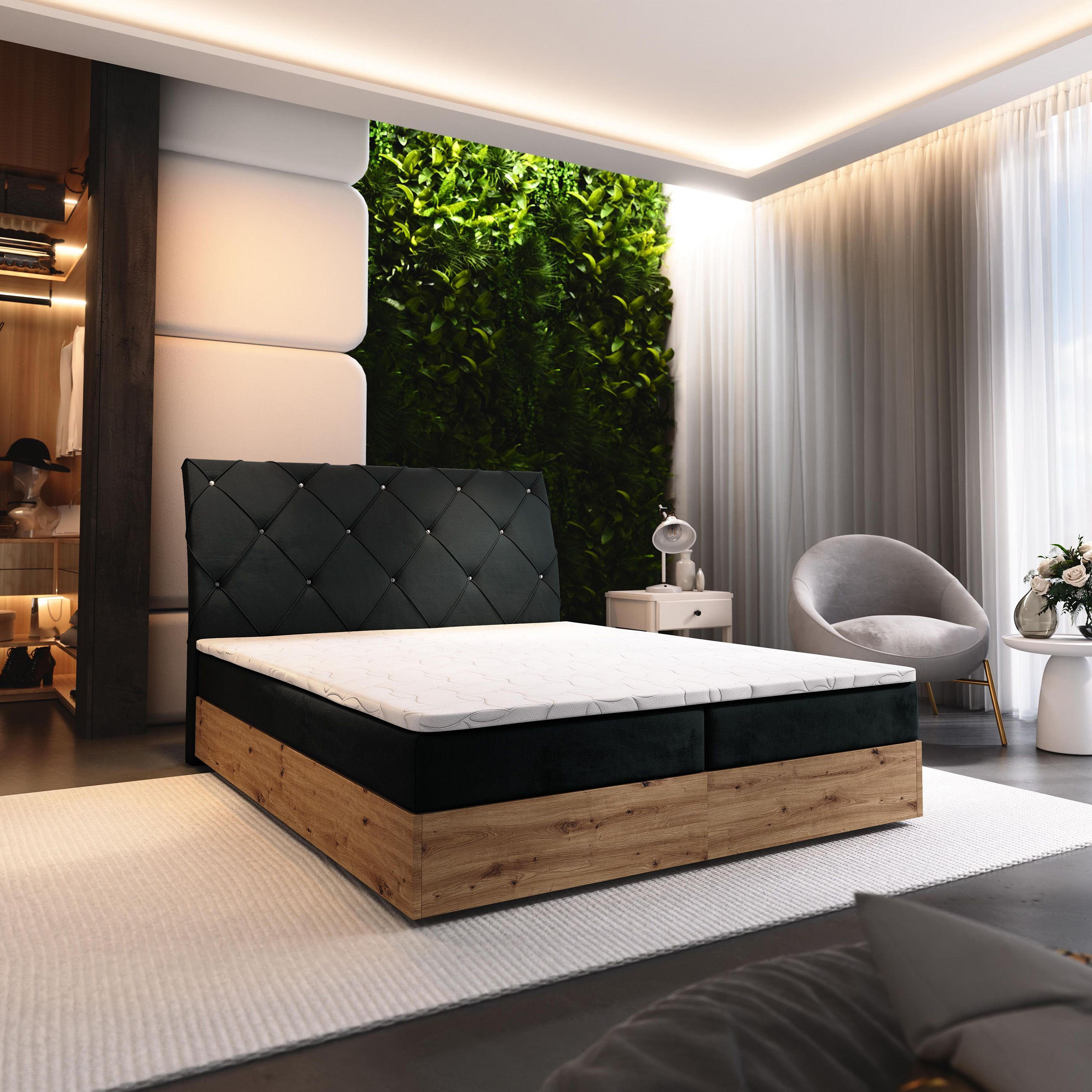 BOXBETT VELLANO 160x200 cm mit Matratze und Topper - Schwarz - Schwarz, Holz (160/200cm) - MASSENO