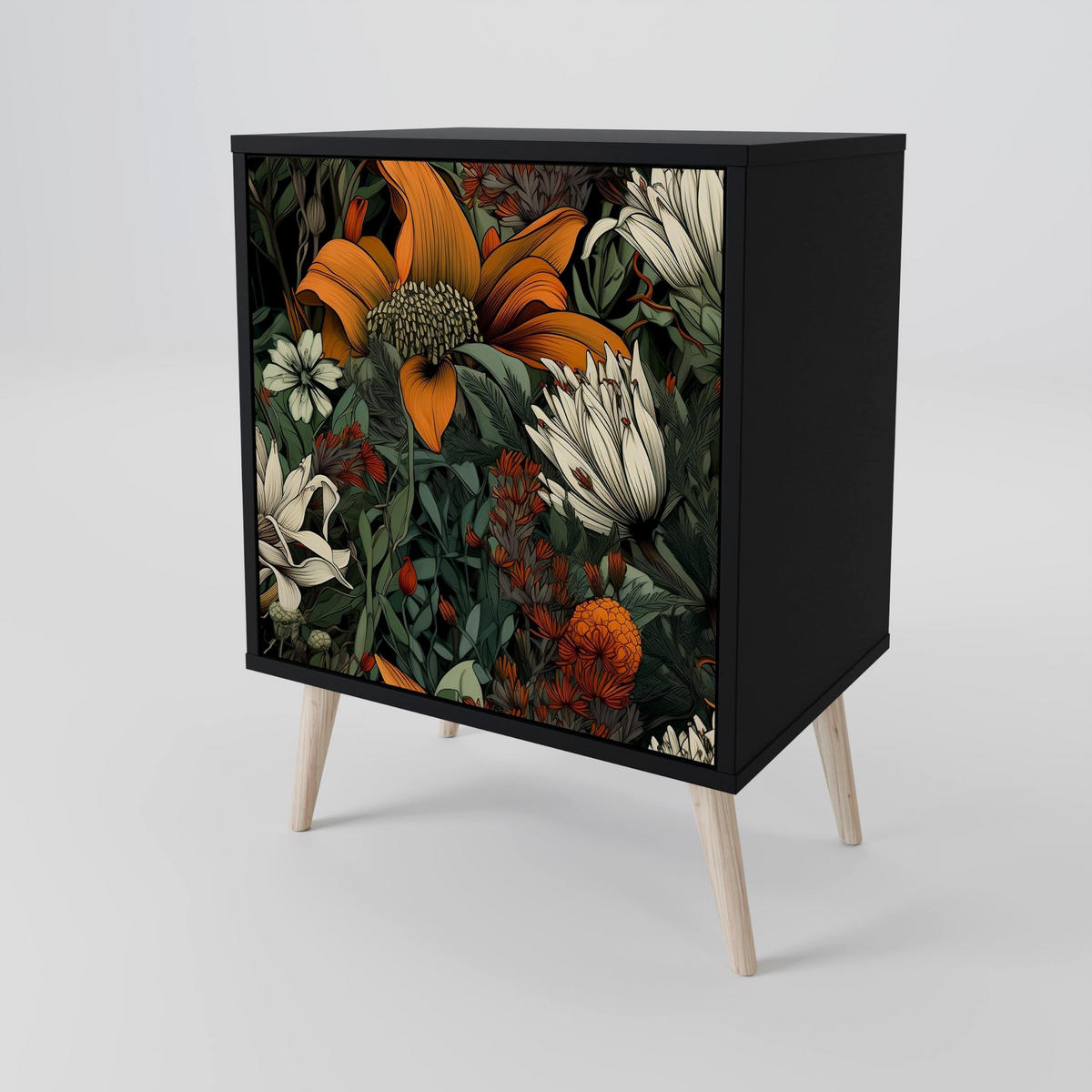 SIDEBOARD MIDNIGHT SPROUT, Schwarz, 57,5x42x72,5 cm, Schwarze Metallfüße - Multicolor/Schwarz, Holzwerkstoff/Metall (57.5/72.5/42cm) - SpaceRebels