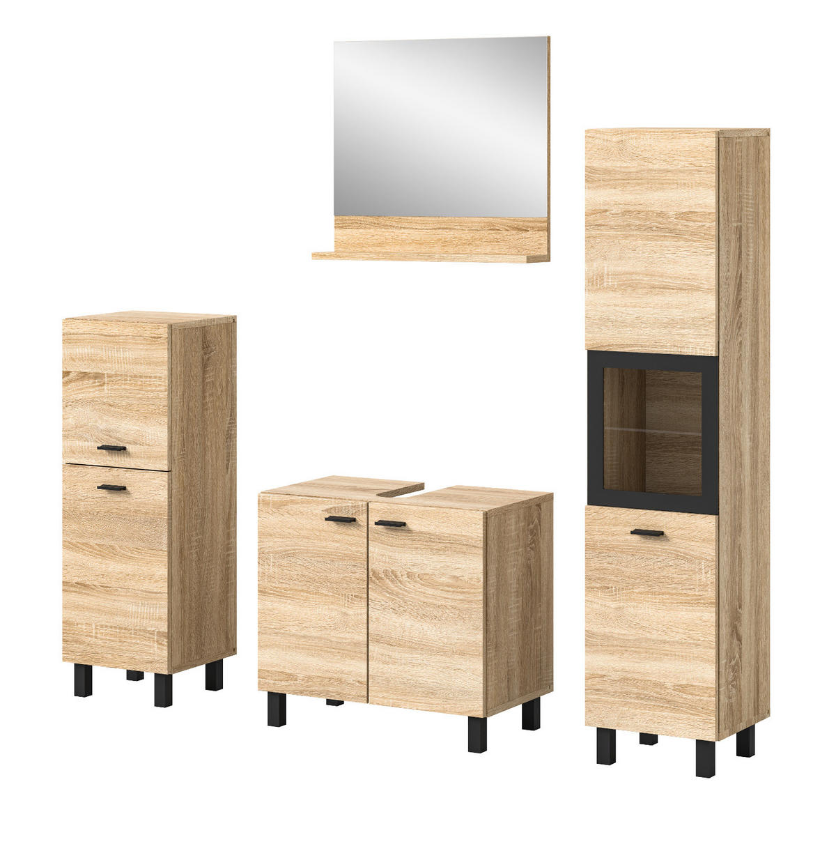 BADMÖBEL-SET Eiche 4-teilig 140 cm, Komplettset hängend oder stehend - Eichefarben/Schwarz, Glas/Holzwerkstoff (137/186/33cm) - Inn.Furn