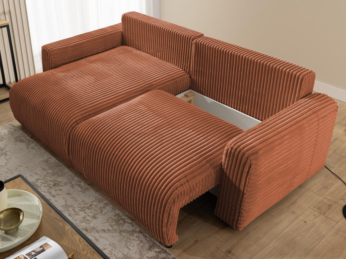 ECKSOFA Calma mit Schlaffunktion und Bettkasten im Bumpy-Design aus weichem Terrakotta Plüschcord - Ottomane links - Terracotta/Schwarz, Holz/Kunststoff (239/140cm) - S-Style