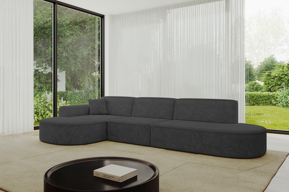 ECKSOFA Ottomane Links MARI-L2 - 328x171x79 cm Dunkelgrau Velours - Dunkelgrau/Schwarz, Holzwerkstoff/Kunststoff (328/171cm) - ALTDECOR