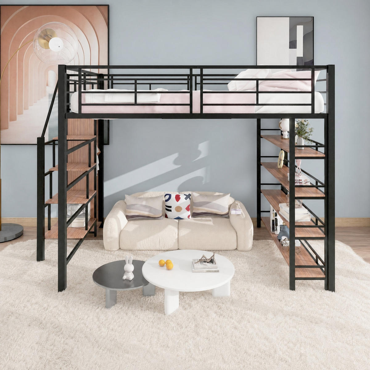 HOCHBETT 140/200 mit Sicherheitstreppe, Stauraum und Kleiderschrank in Schwarz - Schwarz, Holz/Metall (140/200cm) - EVRYAE