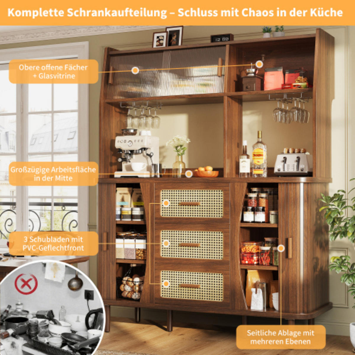 HOCHSCHRANK Nussbaumoptik aus MDF und Metall mit Rattanschubladen & Glasschiebetüren 140×40,5×174,5 cm - Nussbaumfarben, Holzwerkstoff (140/174.5/40.5cm) - Luhomfu