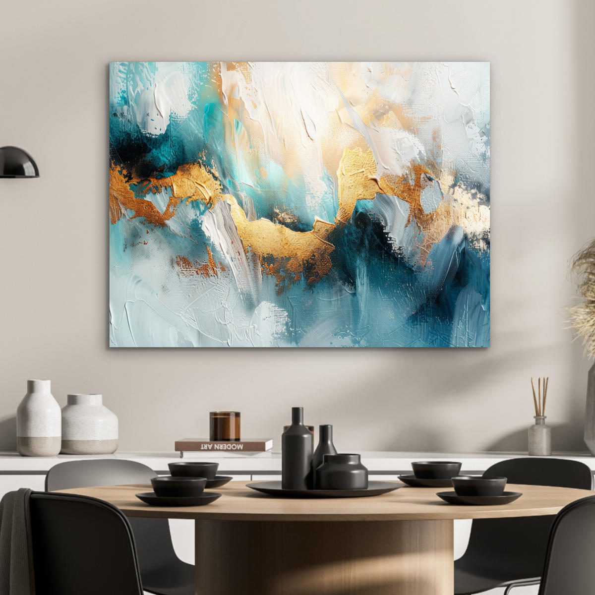 KOVOVÝ OBRAZ Abstraktné - umenie - zlaté - modré 80x60 cm - petrolejová, kov (80/60cm) - MuchoWow