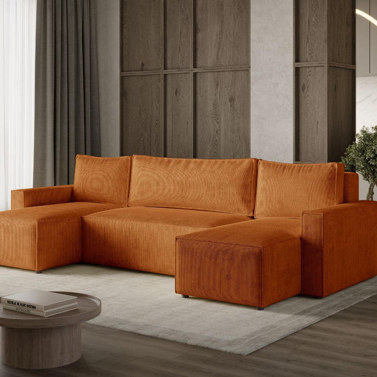 ECKSOFA LIVIO U mit Schlaffunktion und Bettkasten – Moderne Wohnlandschaft in U-Form (POSO 40) - Orange, Holz (300/90/142cm) - Dekori_Interiors