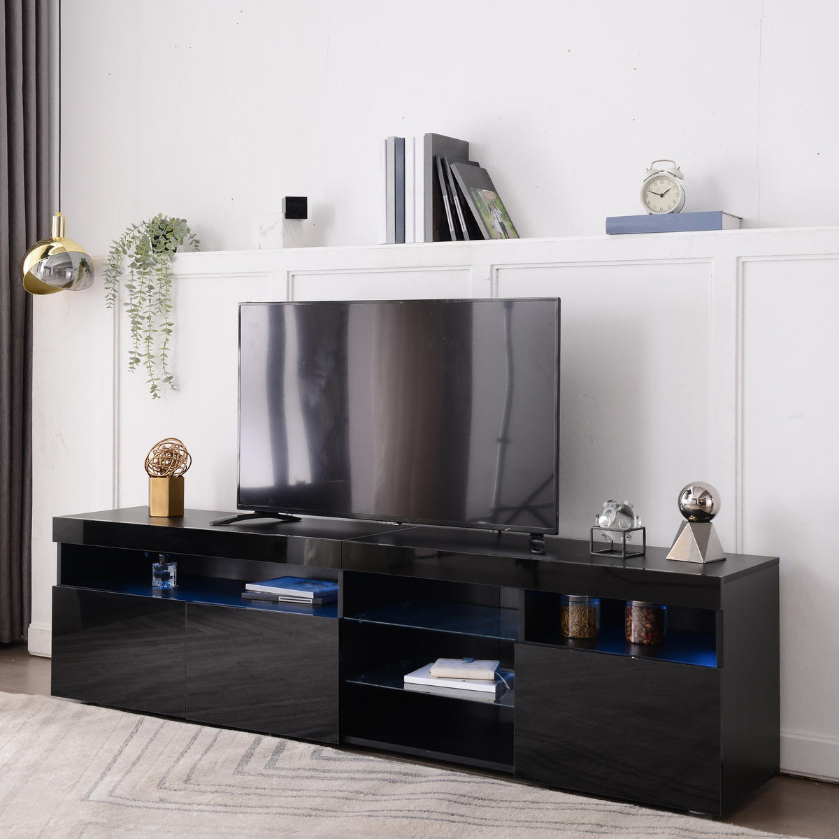 LOWBOARD in Schwarz mit LED-Beleuchtung und Stauraum für Wohn- und Esszimmer, B180/T35/H48cm - Schwarz, Glas/Holzwerkstoff (180/45/35cm) - STILVORA