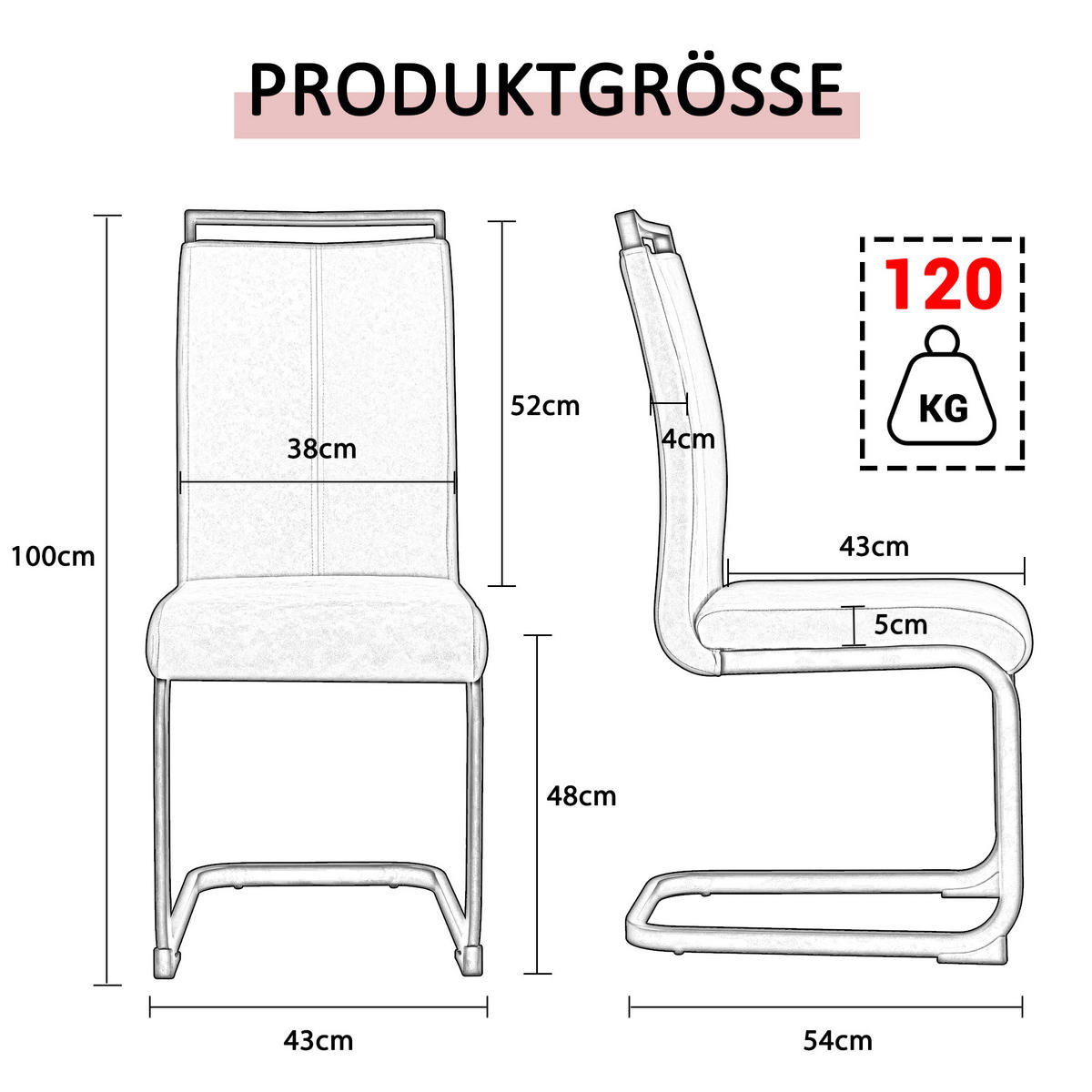 FREISCHWINGER 4er Set Kunstleder Schwarz Metallgestell 120kg - Schwarz, Leder (42/100/54cm) - FLIEKS