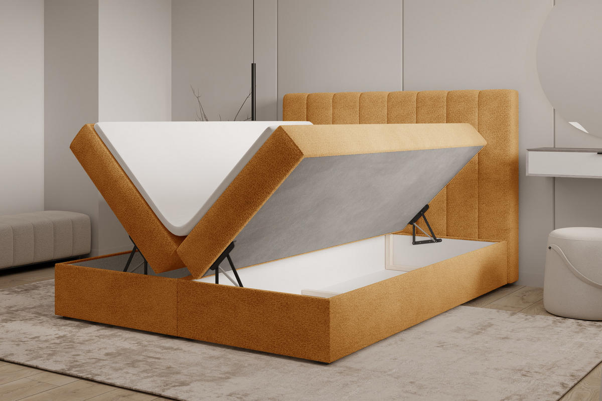 BOXBETT 01 160 x 200 cm - Arena – Stilvoll und bequem Mit Bettkasten, PU-Topper, Federmechanismus, waschbarer Bezug - Goldfarben, Holz (160/200cm) - ROYAL24_MARKT