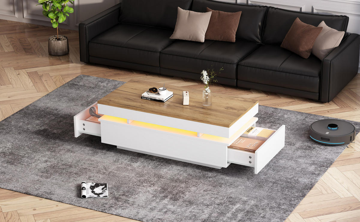 COUCHTISCH 100/50/35 cm Weiß + Holzton aus Spanplatte mit 2 Schubladen und LED-Beleuchtung - Weiß, Holzwerkstoff (100/50/35cm) - OKMYHOME