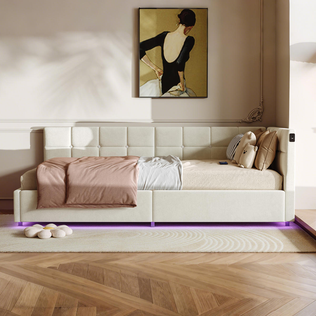 POLSTERBETT 90x200 cm Beige mit hydraulischem Stauraum, LED Beleuchtung, Eckbett mit Rückenlehne - Beige, Metall (90/200cm) - EuroLiving