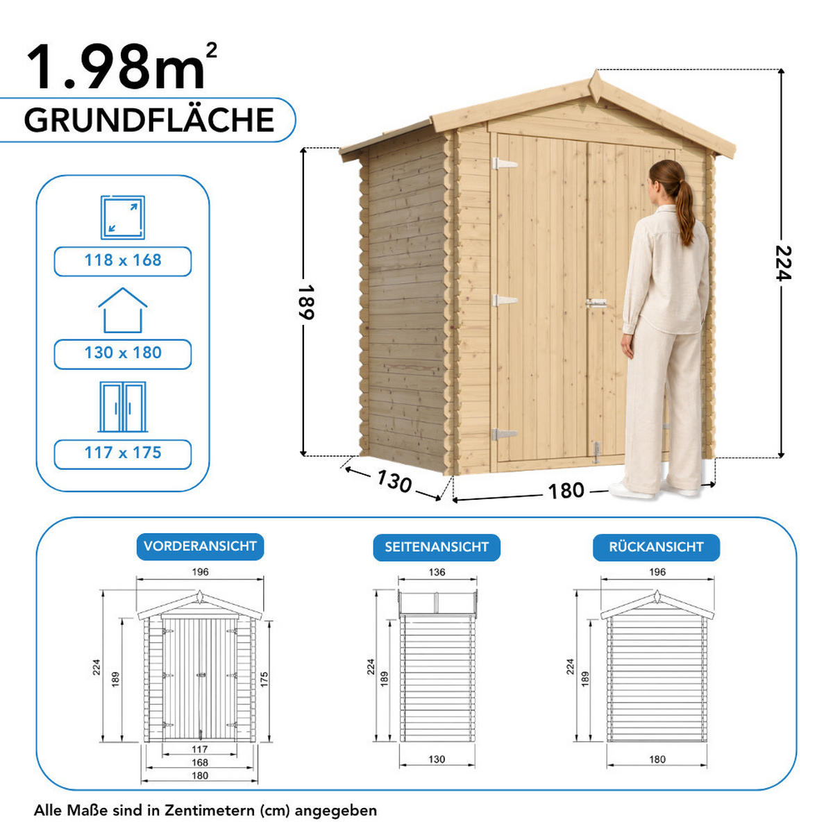 GARTENHAUS HOLZ M367C1+M367G 1,98 m² - Naturfarben, Holz (196/224/136cm) - Timbela