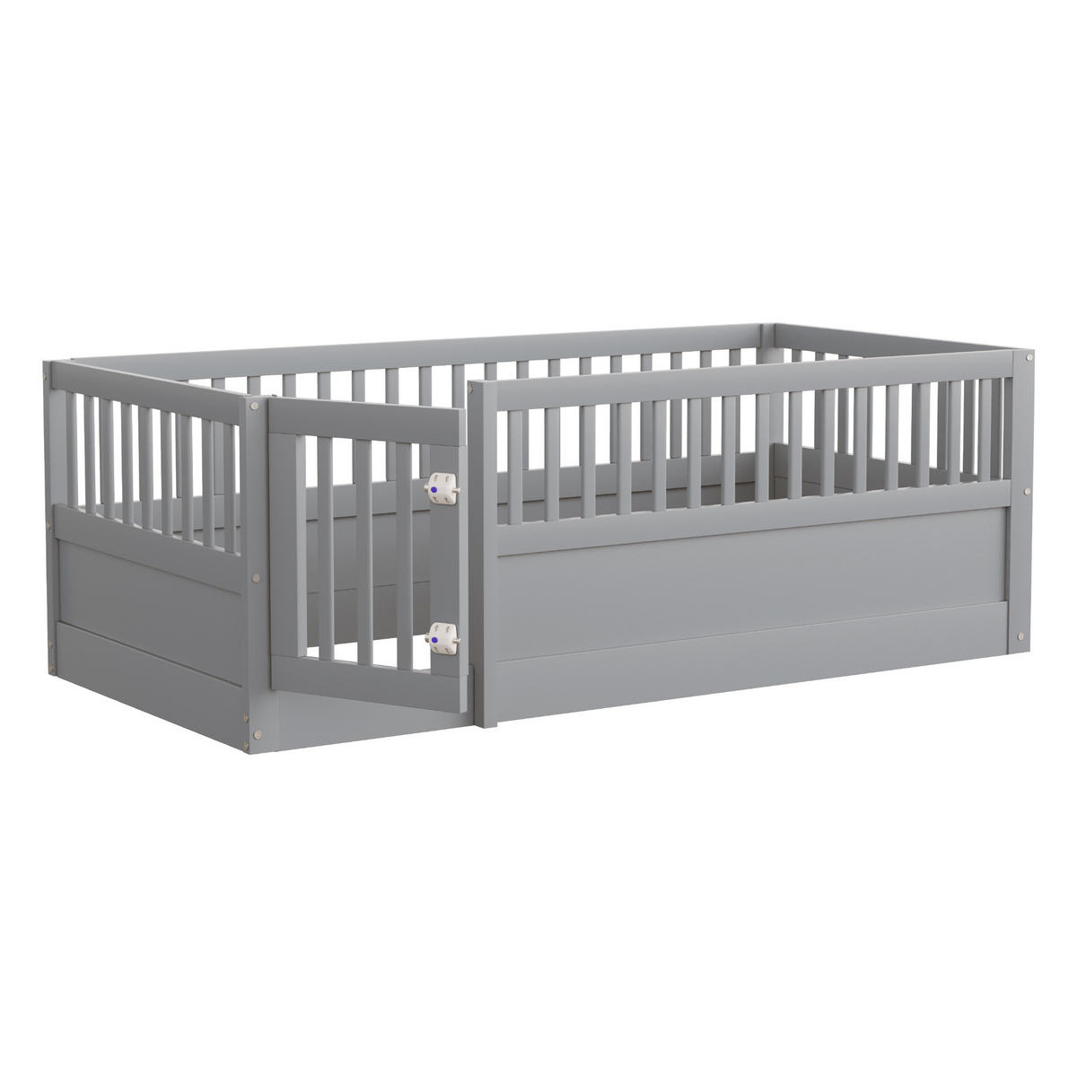 KINDEREINZELBETTEN aus Massivholz 90x200 cm in Grau mit Zaun & Tür - Grau, Holz (90/200cm) - Modfu