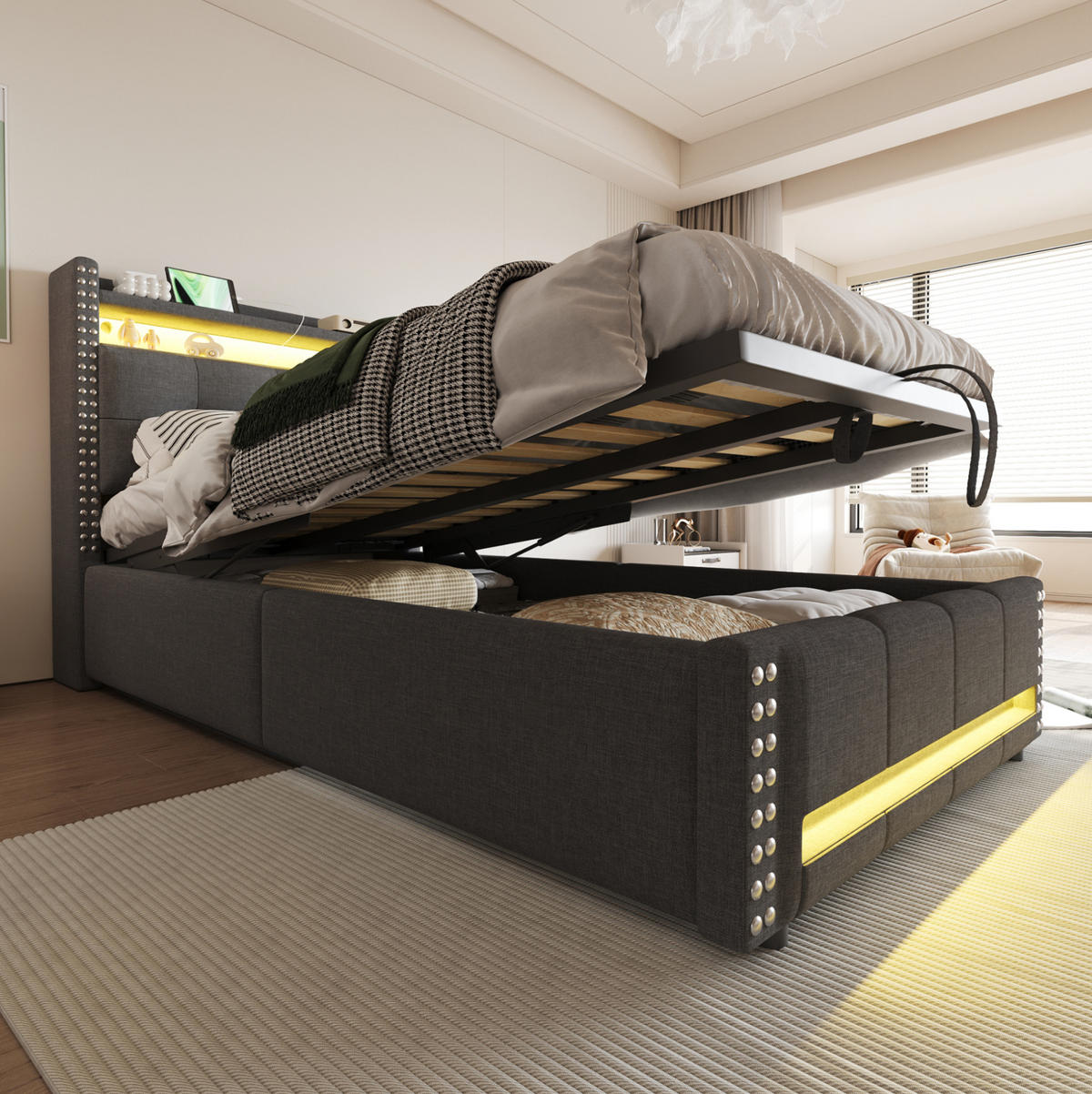 POLSTERBETT mit Stauraum, LED und USB 90x200 cm Leinenstoff Grau - Grau, Metall (90/200cm) - Beauniv