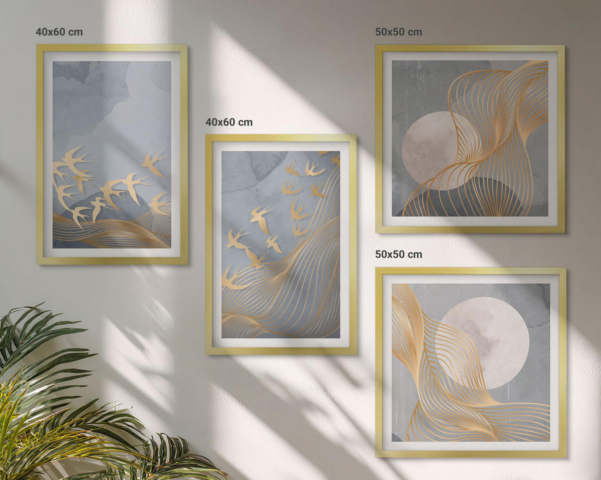 BILDER SET 4er Set - 50x50 cm & 40x60 cm Goldrahmen - Vögel im Flug, Himmel, Mond - Goldfarben, Kunststoff (50/50cm) - TULUP