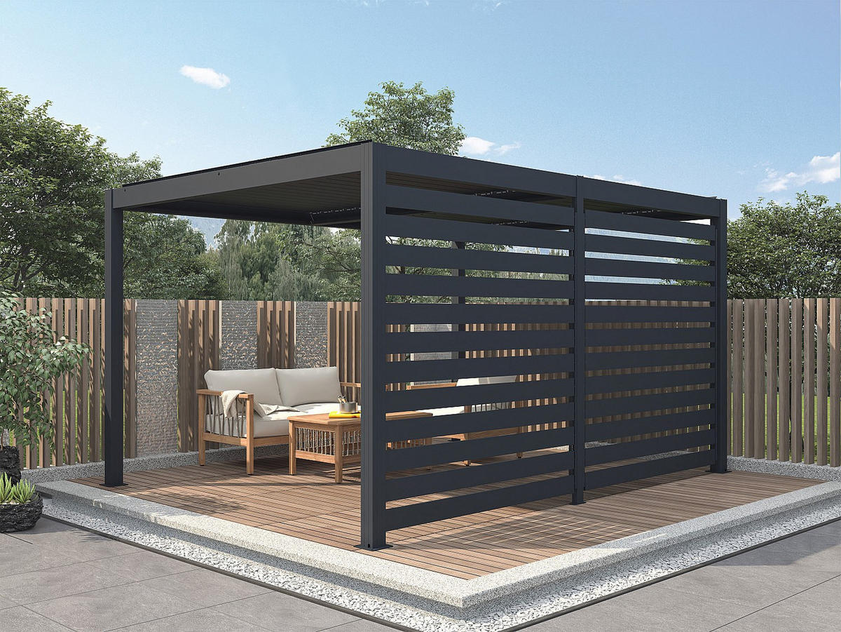 TERRASSENDACH bioklimatisch freistehend elektrisch aus Aluminium mit verstellbaren Lamellen & Blende 3,68 m - 12 m² - Anthrazit - AMADORA - Anthrazit, Metall (395/220/305cm) - Vente-Unique