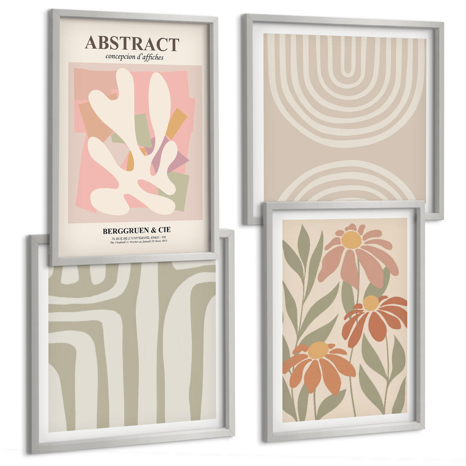 BILDER SET 4er Set - 50x50 cm & 40x60 cm Silberner Rahmen - Abstrakte Pflanzenformen - Silberfarben, Kunststoff (50/50cm) - TULUP