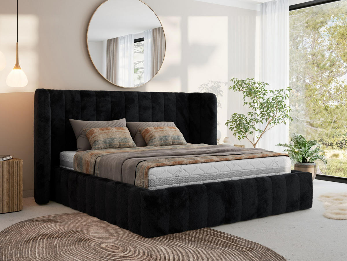 POLSTERBETT GOLETTA CLASSIC 140/200 - Schwarz Plüsch - Schaum-Matratze - Schwarz, Textil (140/200cm) - MKS