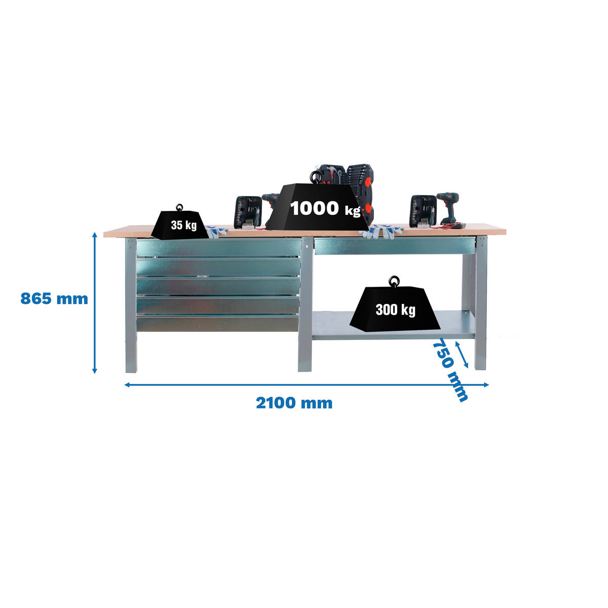 WERKBANK Buffalo Wood mit 6x Schublade HxBxT 86,5 x 210 x 75 cm Traglast 1000 kg Grau - Grau, Metall (210/86.5/75cm) - PROREGAL