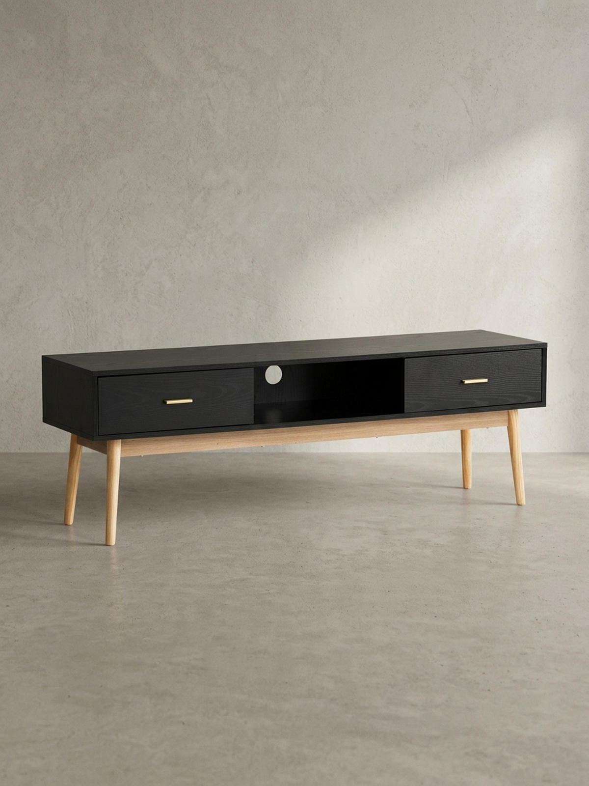 LOWBOARD Schwarz Eiche-Dekor Modern Stil 150x50x40 cm mit Schubladen und Ablagefach - Eichefarben/Schwarz, Holz (150/50/40cm) - KADIMA DESIGN