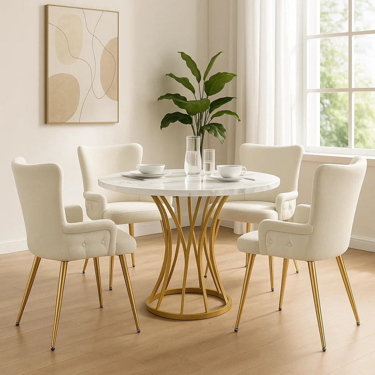 ESSTISCH SET mit 4 Stühlen, Weißer Marmoroptik und Goldenes Gestell - Beige, Holzwerkstoff/Textil (80/76/80cm) - Urban Meuble