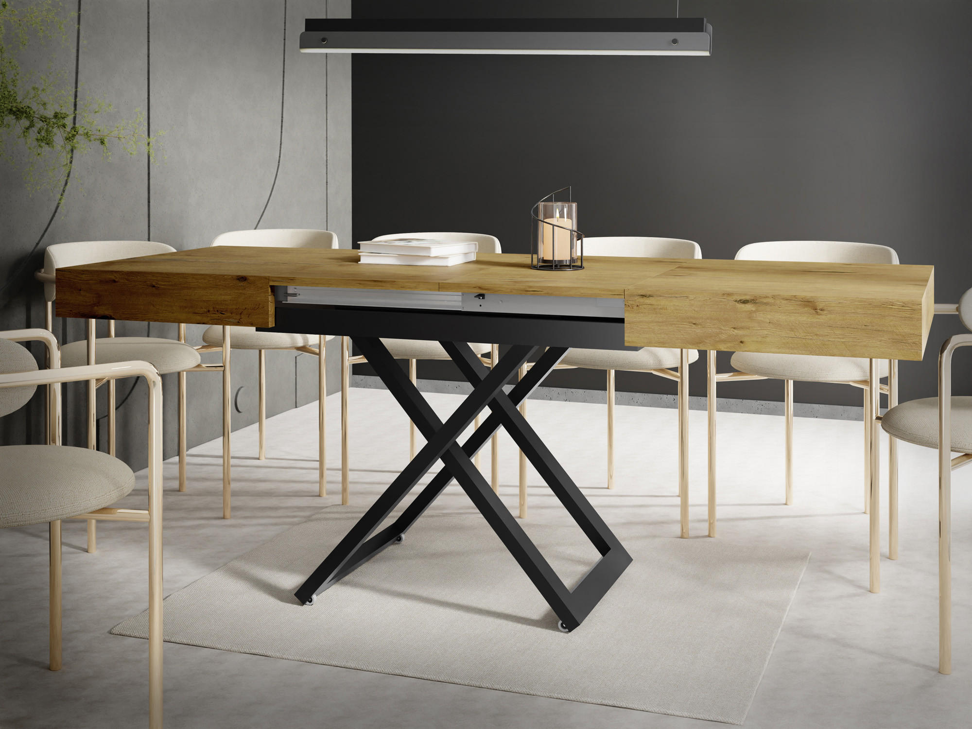 COUCHTISCH Cavetta U höhenverstellbar ausziehbar, Lancelot Eiche 120-200/80/27-76 cm - Eichefarben/Schwarz, Holzwerkstoff/Metall (80/120/76cm) - WFL GROUP