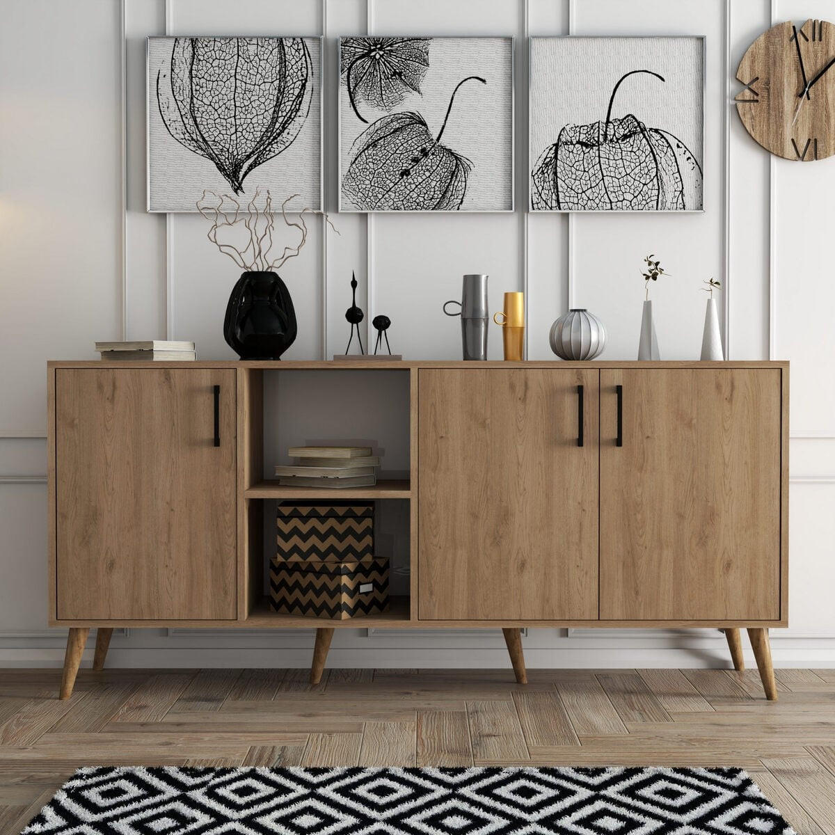 SIDEBOARD 3 Türen und 2 offene Fächer Dekor Eiche B180 cm - EXXEN - Eschefarben, Holzwerkstoff (45/83/50cm) - Calicosy