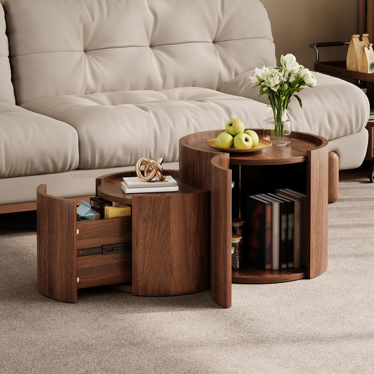 COUCHTISCH mit Stauraum, Schubladen, geschwungenen Türen - Walnussfarben, Holzwerkstoff (47.5/77.5/40cm) - FLIEKS