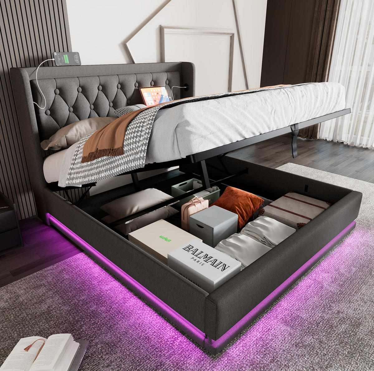 POLSTERBETT mit Stauraum, LED und USB 140x200 cm Baumwolle Grau inkl. Matratze - Grau, Metall (140/200cm) - Meubliv