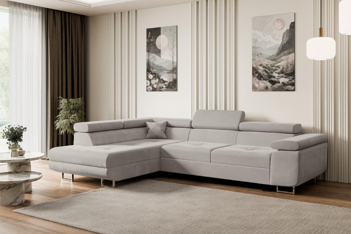 ECKSOFA mit Schlaffunktion und Bettkasten GUSA-L 272x202x107 cm Hellbraun Velours - Hellbraun/Silberfarben, Holzwerkstoff/Textil (202/272cm) - ALTDECOR