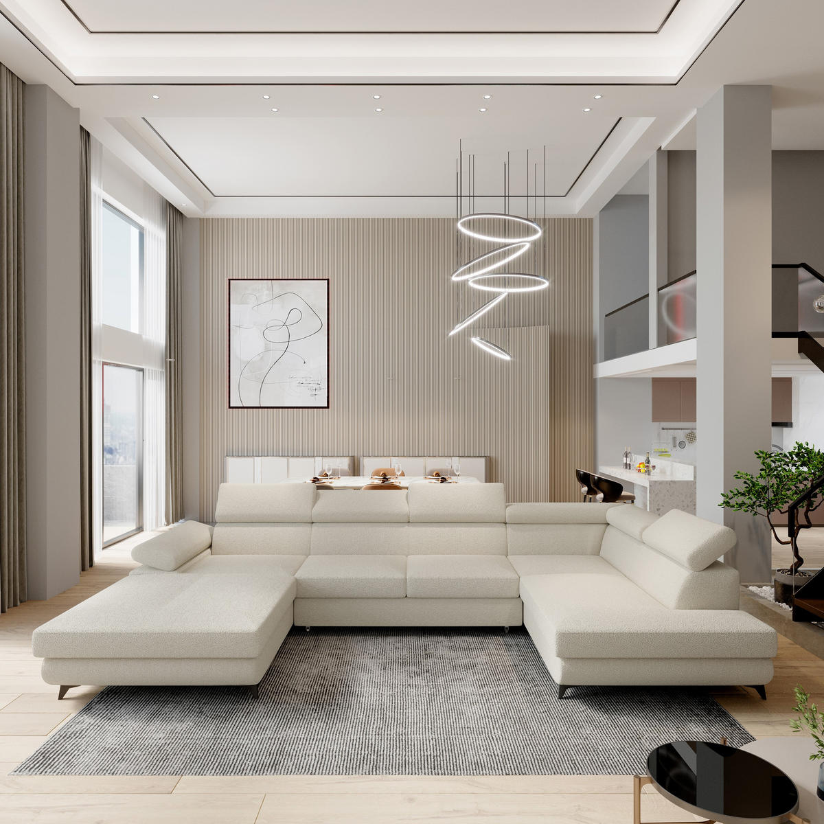 ROHOVÁ SEDAČKA RUBANO krémová - černá/krémová, kov/dřevo (339/190cm) - MASSENO