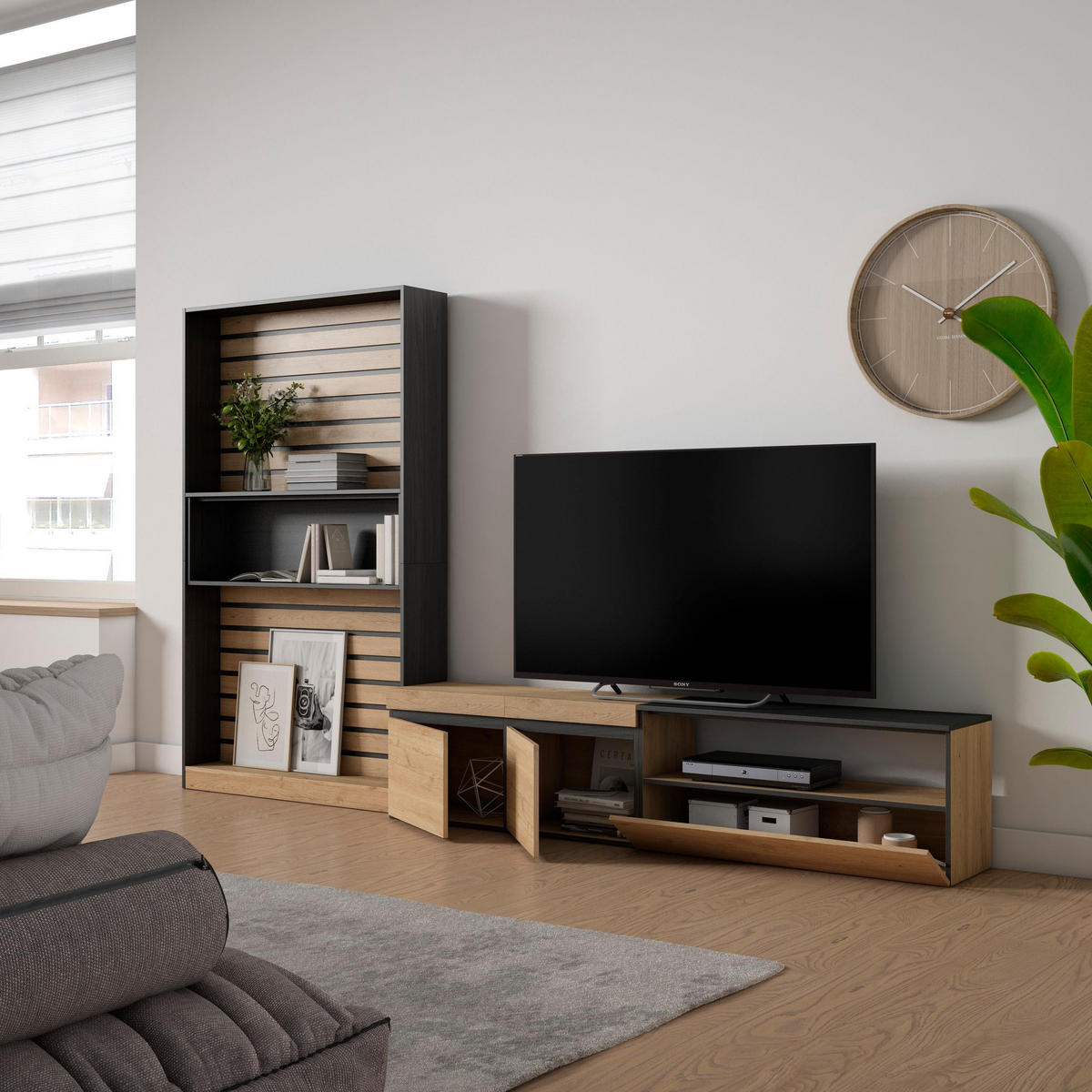 WOHNWAND Wohnzimmer, eiche, schwarz, 310/35/186cm - Eichefarben/Beige, Holzwerkstoff (310/186/35cm) - Skraut Home