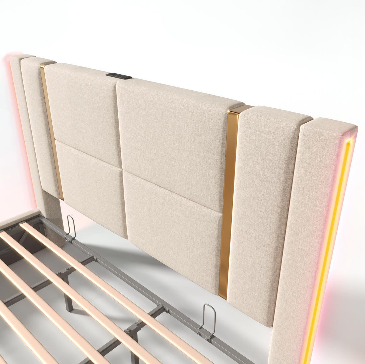 POLSTERBETT aus Leinenstoff 180x200 cm Beige mit Bettkasten, LED-Beleuchtung, USB- und Type-C-Anschluss - Beige, Textil (180/200cm) - IVMEU