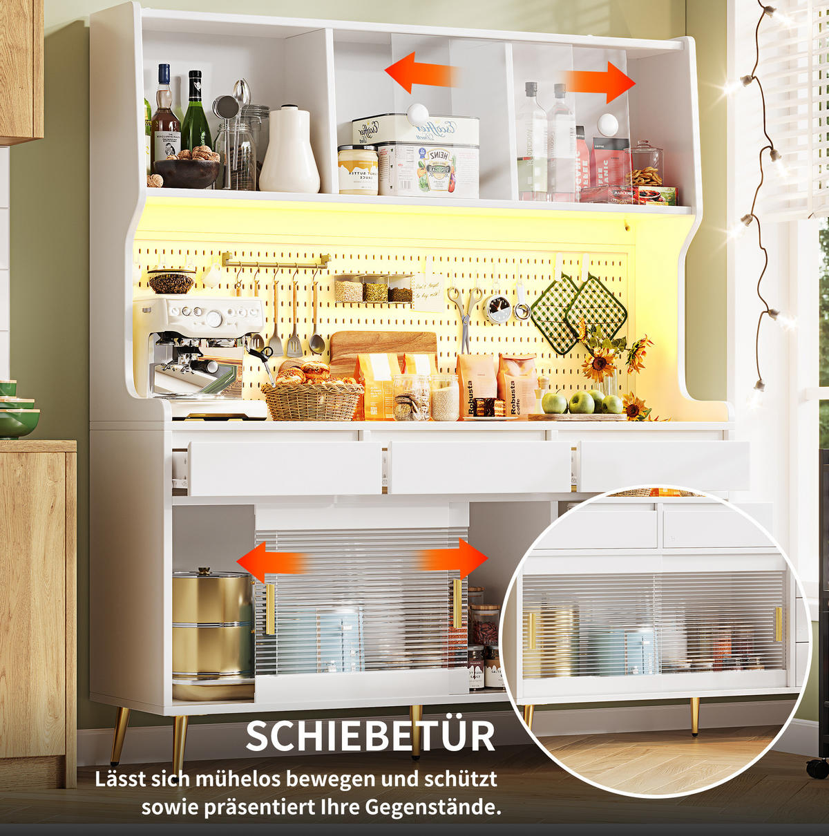 BUFFETSCHRANK 145/39/171 cm mit LED-Beleuchtung, App-Steuerung und Schiebetüren aus MDF und Glas, Weiß - Weiß, Holzwerkstoff (145/171/39cm) - Redom