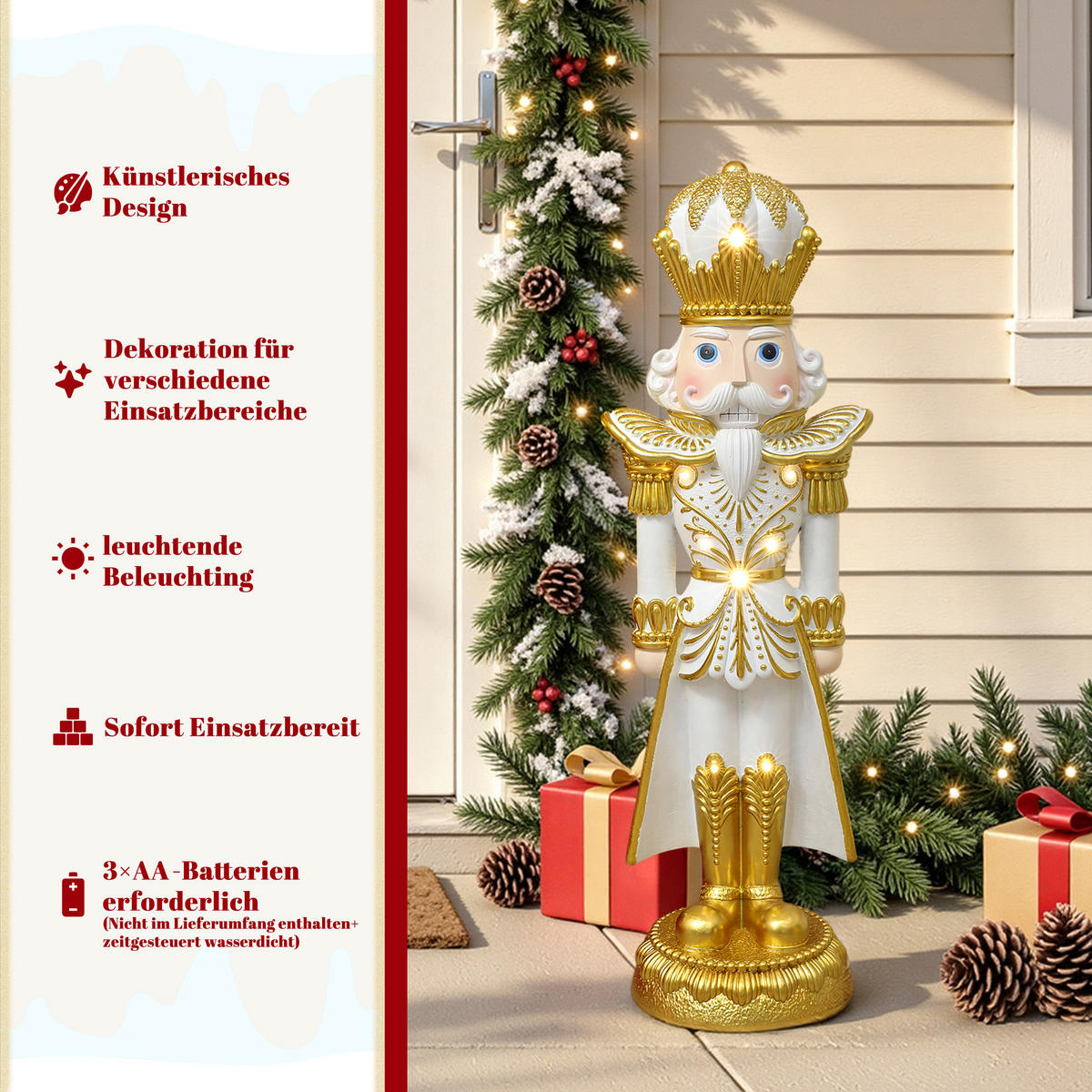 HOMETOPIA Nussknacker Figur 91 cm, Weihnachtsdeko mit 8 LEDs, Timer, MgO - Goldfarben, Naturmaterialien (25/91/29cm) - Hometopia