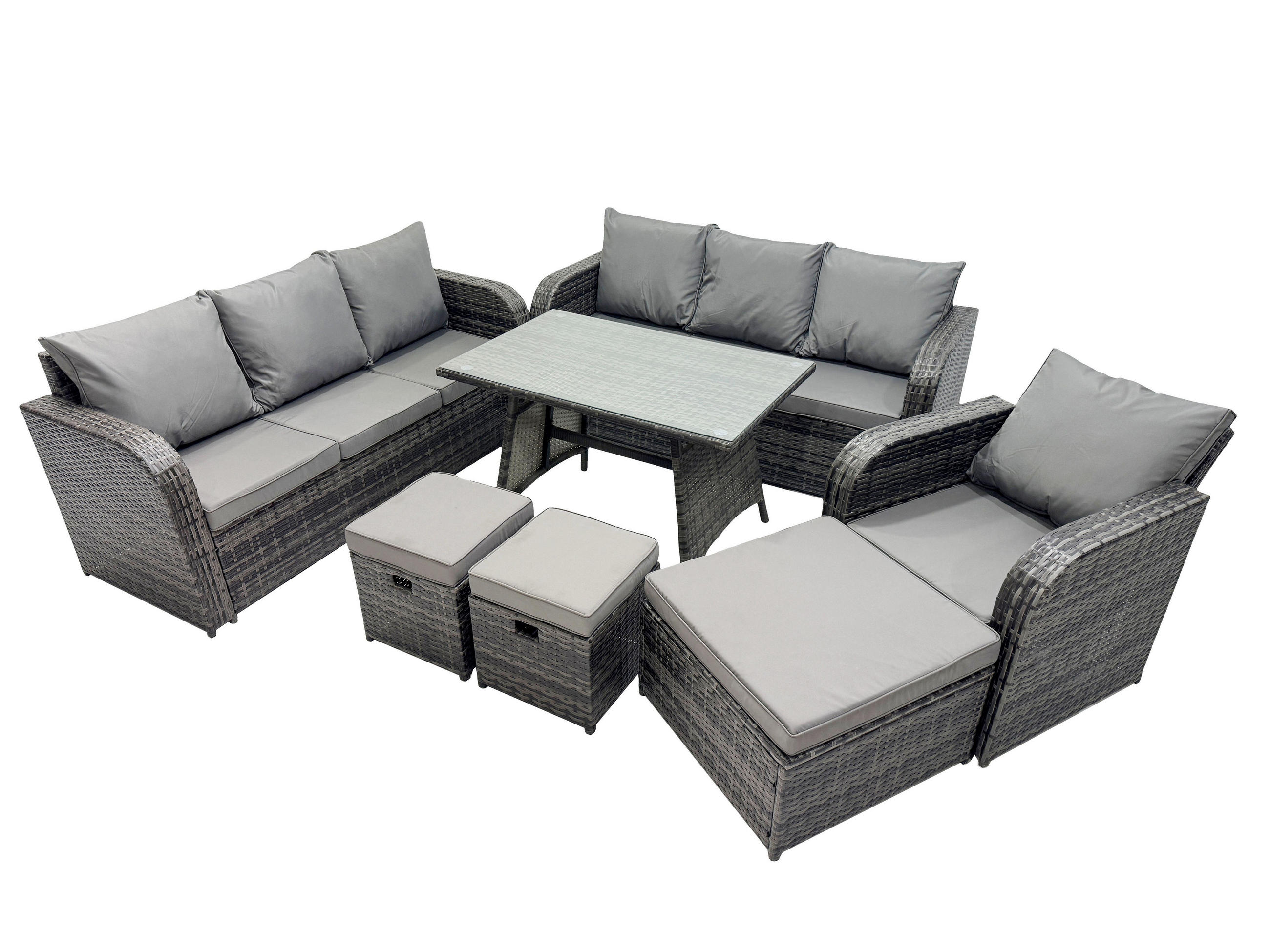 GARTENSET Hohe Rückenlehne Polyrattan 10-Sitzer - Dunkelgrau/Grau, Glas/Kunststoff - Fimous