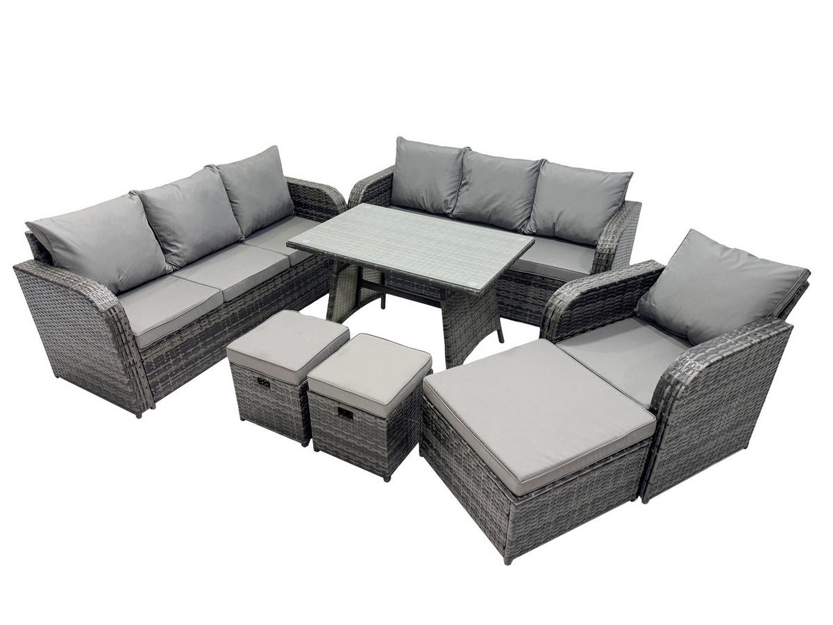 GARTENSET Hohe Rückenlehne Polyrattan 10-Sitzer - Dunkelgrau/Grau, Glas/Kunststoff - Fimous