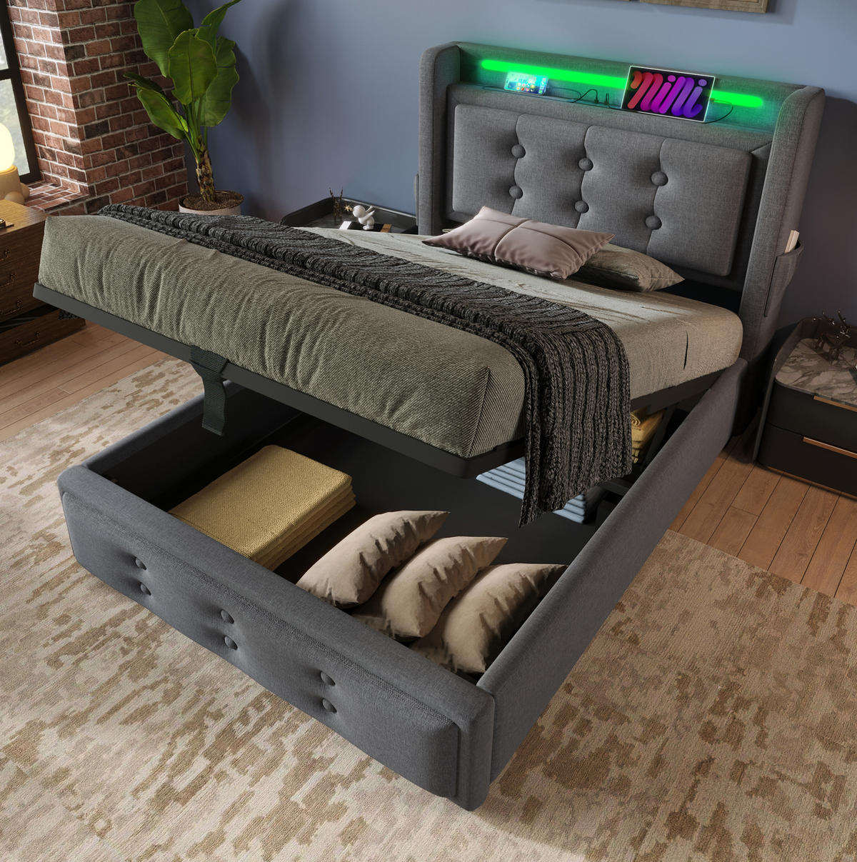 POLSTERBETT 90/200 cm Grau mit Stauraum, LED-Beleuchtung und USB- und Type-C-Anschlüssen - Grau, Textil (90/200cm) - Flora Grace