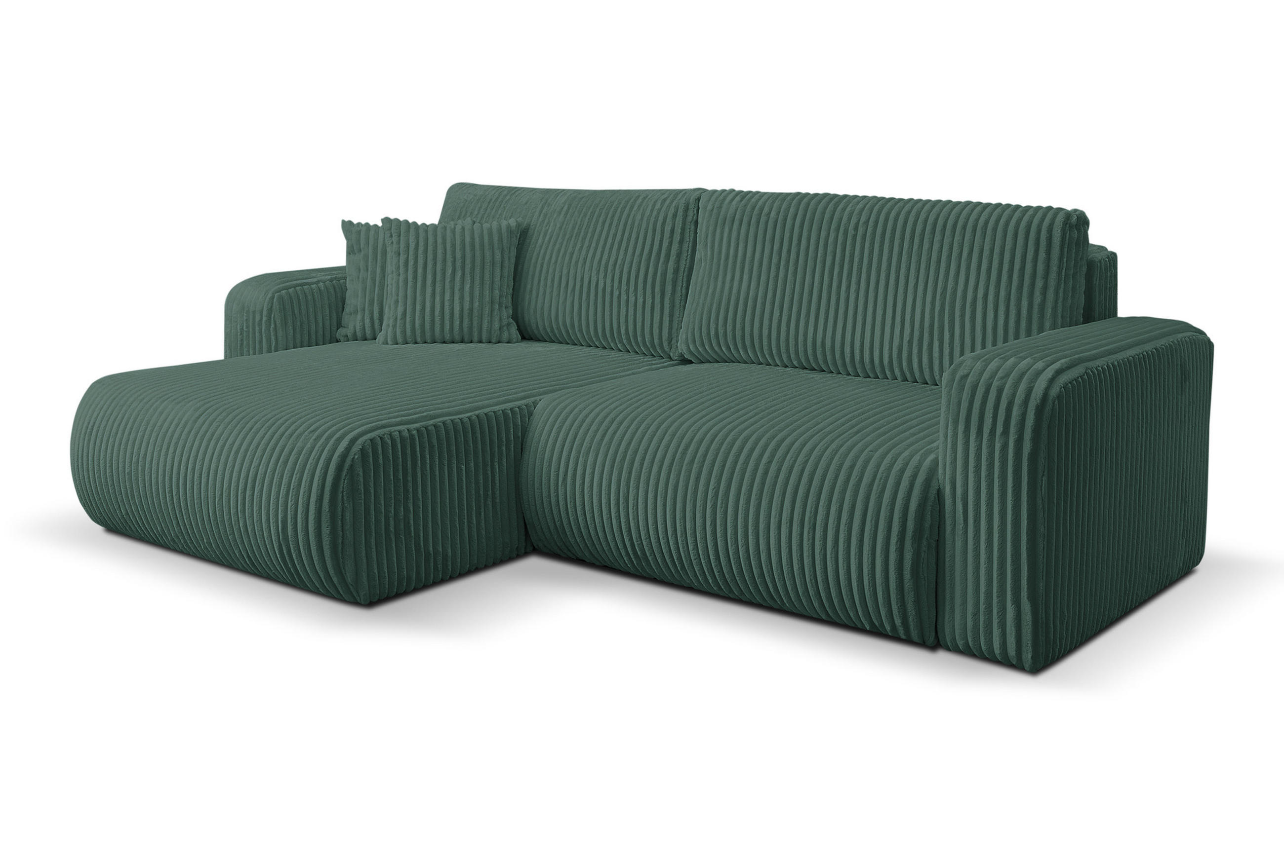 ECKSOFA Tilly, Eckcouch in L-Form mit Schlaffunktion und Bettkasten, Farbe: Grün, Cordstoff, Ottomane Universal - Grün, Textil (244/142cm) - VENASI MÖBEL