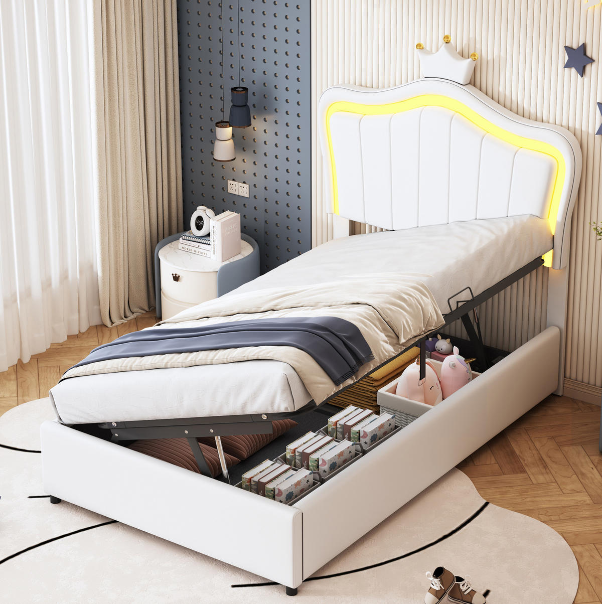 POLSTERBETT 90/200 cm Weiß mit Kronendesign und LED-Beleuchtung - Weiß, Holzwerkstoff (90/200cm) - OKWISH