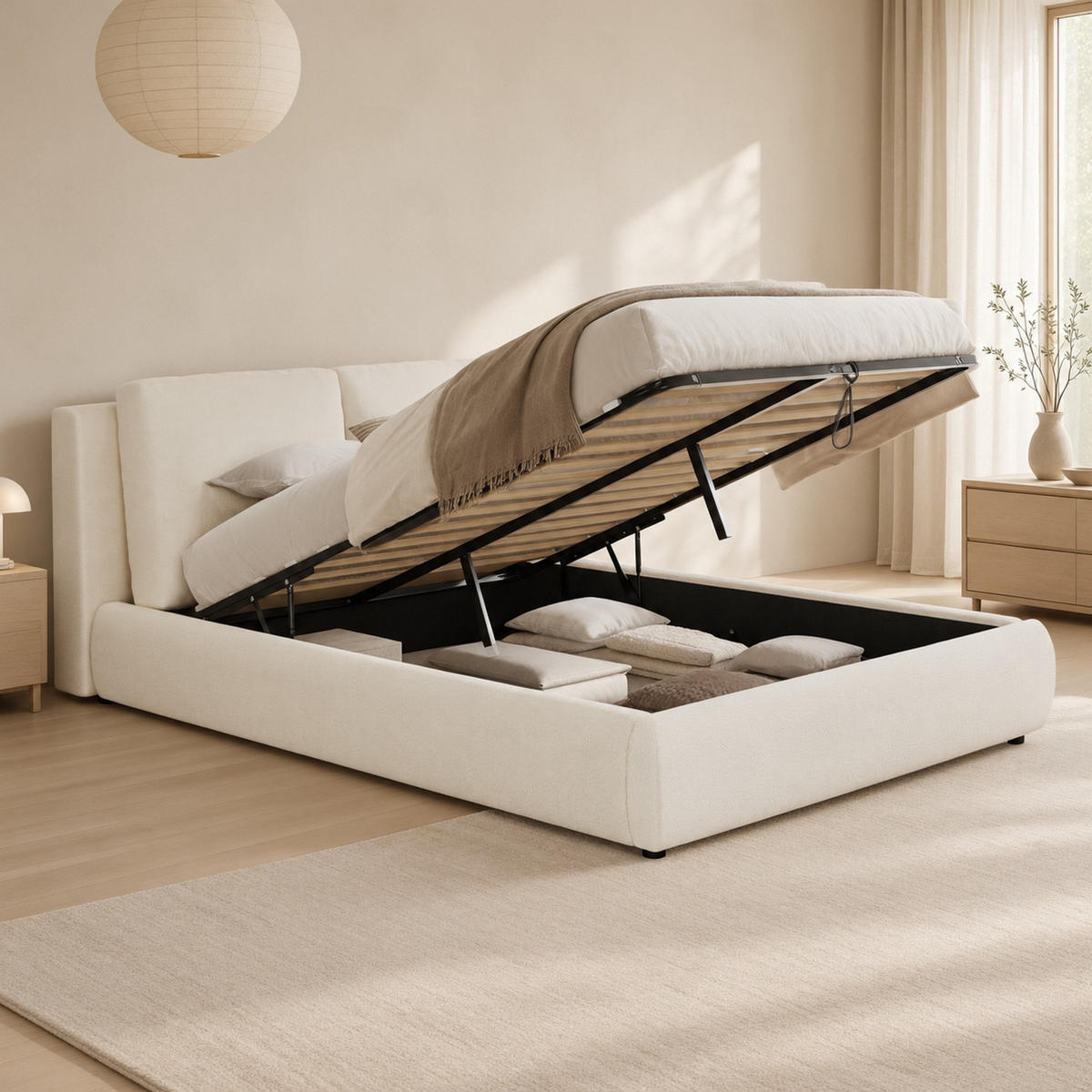 POLSTERBETT 180/200 mit Lattenrost, Kopfteil und großem Stauraum in Beige - Weiß/Naturfarben, Holzwerkstoff/Textil (180/200cm) - EVRYAE