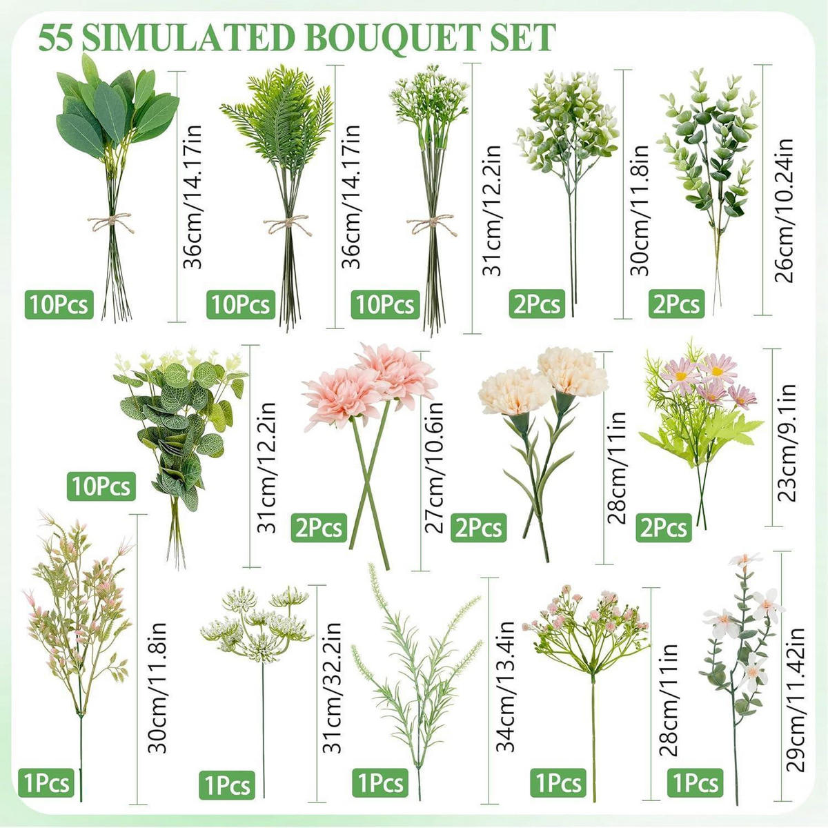 KÜNSTLICHER Blumenstrauß 55-teiliges Set Rosa Grün - Multicolor, Kunststoff (38cm)